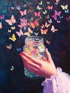 a painting of a woman's hand holding a jar filled with butterflies