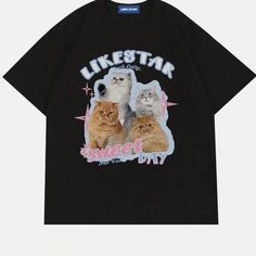 Cat T-shirts, Japanese Shirt Design, Black T Shirt Design, Cat Shirt Design, Candy Cat, Cat Graphic Design, White And Black Cat, Cats Shirt, Kpop Shirts