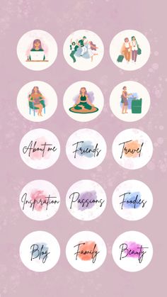 some stickers with different types of people and words in them on a pink background