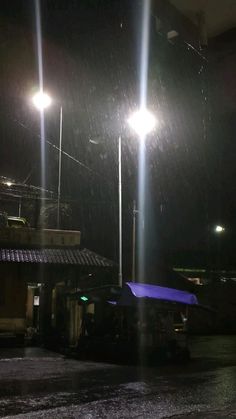 two street lamps are lit up in the dark with rain coming down on them and people walking by