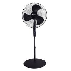 a black stand fan on a white background