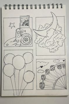 an open notebook with drawings on it and some balloons in the air next to a ferris wheel