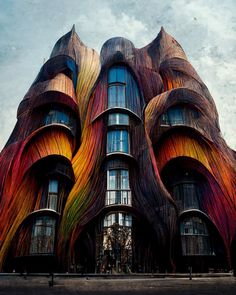 an unusual building with multicolored lines on it's side and windows in the front