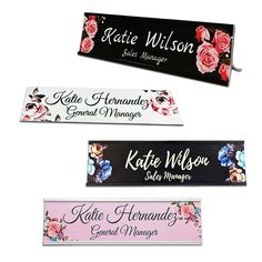 three personalized nameplates are shown in four different colors and designs, one is pink, the other is black