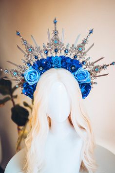 Flower Halo Crown Blue Flower Crown Halo Headpiece Halo - Etsy Red Flower Crown, Blue Flower Crown, Halo Headpiece, Maternity Photo Props, Crown Halo, Goddess Crown, Halo Crown, Halo Headband, Flower Halo