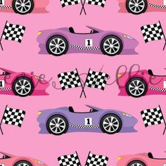 a pink racing car with checkered flags on it