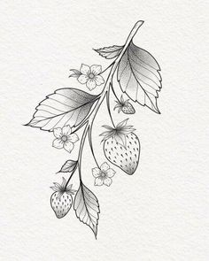 Flowers And Leaves Tattoo, Pencil Sketch Tattoo, Strawberry Tattoo Drawing, Berries Tattoo Design, Small Baking Tattoo Ideas, Strawberry Tattoo Stencil, Strawberry Tattoo Thigh, Fineline Strawberry Tattoo