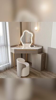 a vanity with a mirror and stool in a room