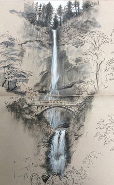 a drawing of a waterfall with a bridge in the background