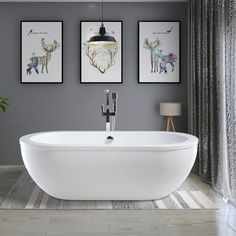 a white bath tub sitting in a bathroom next to two framed pictures on the wall