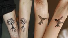 three tattoos on the arms of two people with trees and birds tattooed on their arm