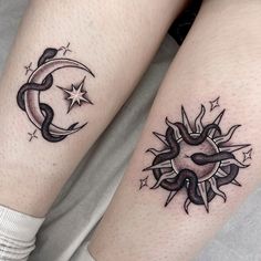 two sun and moon tattoos on both legs