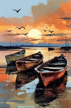 two boats are sitting in the water at sunset with seagulls flying over them