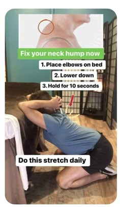 a man sitting on the floor in front of a poster with instructions to fix his neck hump now