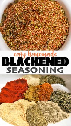 a bowl filled with spices and the words easy homemade blackened seasoning