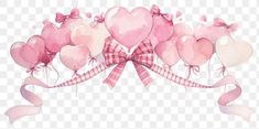 pink heart shaped balloons with ribbons and bows on transparent background, watercolor painting, valentine's day png and psd