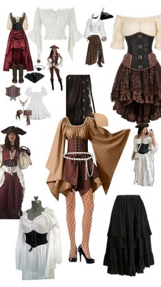 many different types of clothes and hats for women