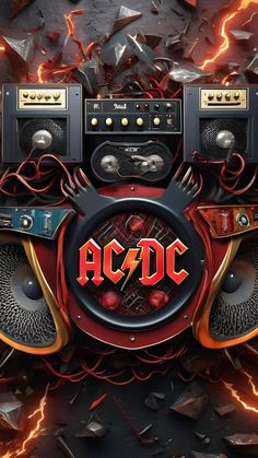 an advertisement for the ac / dc band, featuring speakers and other electronic equipment with lightning in the background