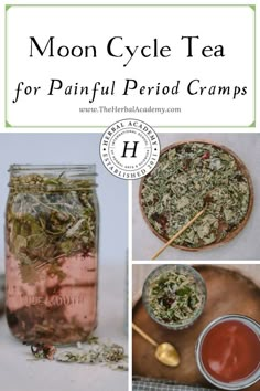 the moon cycle tea for painful period cramps is shown in this collage with images