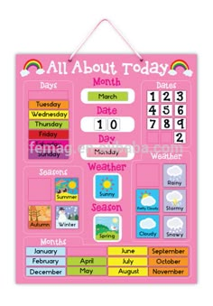 a pink bulletin board with numbers and pictures on the front, hanging from a hook