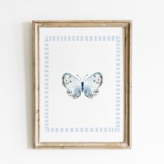 a blue and white butterfly mounted in a wooden frame on the wall next to a striped wall