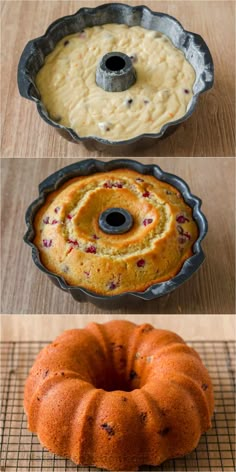 three different types of bundt cakes on a cooling rack, with one being baked and the other being baked