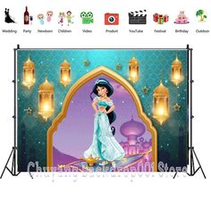 an image of a princess in front of a backdrop for a birthday party or other event