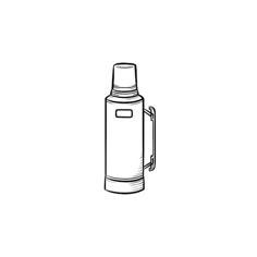 a black and white drawing of a bottle with a handle on the side, in front of a white background