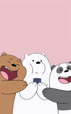 three cartoon bears standing next to each other with their arms around one another while the other is holding a cell phone