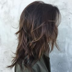 the back of a woman's head with long, wavy hair and brown highlights