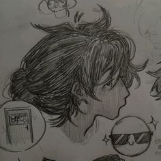 a drawing of a man with sunglasses and hair blowing in the wind next to another person's head