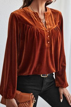 Features: Decorative button Sheer: Opaque Stretch: Slightly stretchy Material composition: 95% polyester, 5% elastane Care instructions: Machine wash cold. Tumble dry low. Imported Product measurements: S: bust 42.5 in, shoulder 15 in, sleeve length 24.2 in, length 25.4 inM: bust 44.9 in, shoulder 15.6 in, sleeve length 24.6 in, length 26.1 inL: bust 47.2 in, shoulder 16.2 in, sleeve length 25 in, length 26.9 inXL: bust 50.3 in, shoulder 17 in, sleeve length 25.4 in, length 27.7 in Lantern Sleeve Top, Velvet Blouses, Velvet Top, Maxi Dress Cocktail, Velvet Tops, Lantern Sleeve, Lantern Sleeves, Flared Sleeves, V Neck Tops