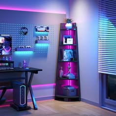 a computer desk with a laptop on top of it next to a book shelf filled with books