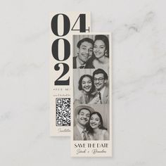 the save the date photo bookmark is printed on white paper with black ink and features an image of four people