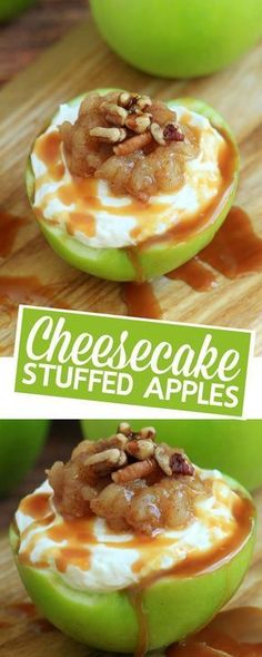 two green apples covered in caramel and whipped cream