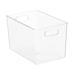 a clear plastic storage box on a white background