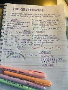 two pens sitting on top of a notebook next to some writing practice paper with information about the cell membrane