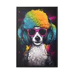 a dog wearing headphones and sunglasses with colorful hair is featured in a black frame