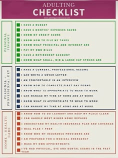 an adulting checklist is shown in red and green