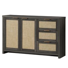 the sideboard with three drawers and two doors is made from wood and has woven fabric panels