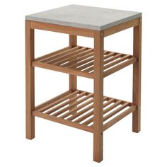 a wooden table with a stone top and shelf on the bottom, against a white background