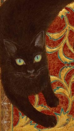 a black cat sitting on top of a red and gold chair with blue eyes looking at the camera