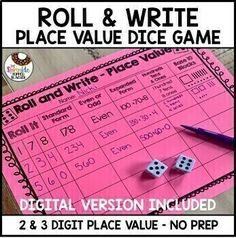 the roll and write place value dice game is on top of a pink piece of paper