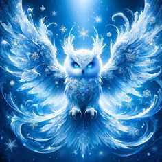 an owl with white wings and snowflakes on it's body, sitting in front of a blue background