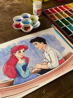 a drawing of ariel and prince from the little mermaid with watercolors on it