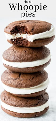 chocolate whoopie pies stacked on top of each other with the words classic