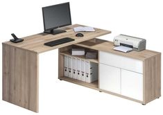 an office desk with a computer and printer on it