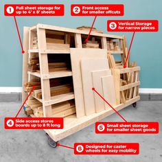 a wooden cart with instructions on how to use it for storage and other things in the room