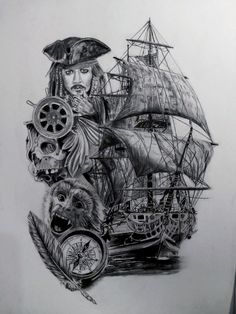 a drawing of a pirate ship with an owl on it