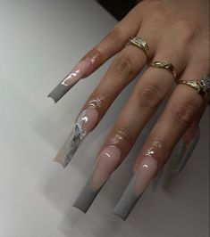 Pretty Basic Nails Acrylic, Square Xl Nails, Long Grey Nail Designs, Gray French Tip Nails Acrylic, Cute Nails For 18th Birthday, Grey Design Nails, Acrylic Nails With Hoops Through Them, Valentine’s Day Ootd, Dramatic Long Nails